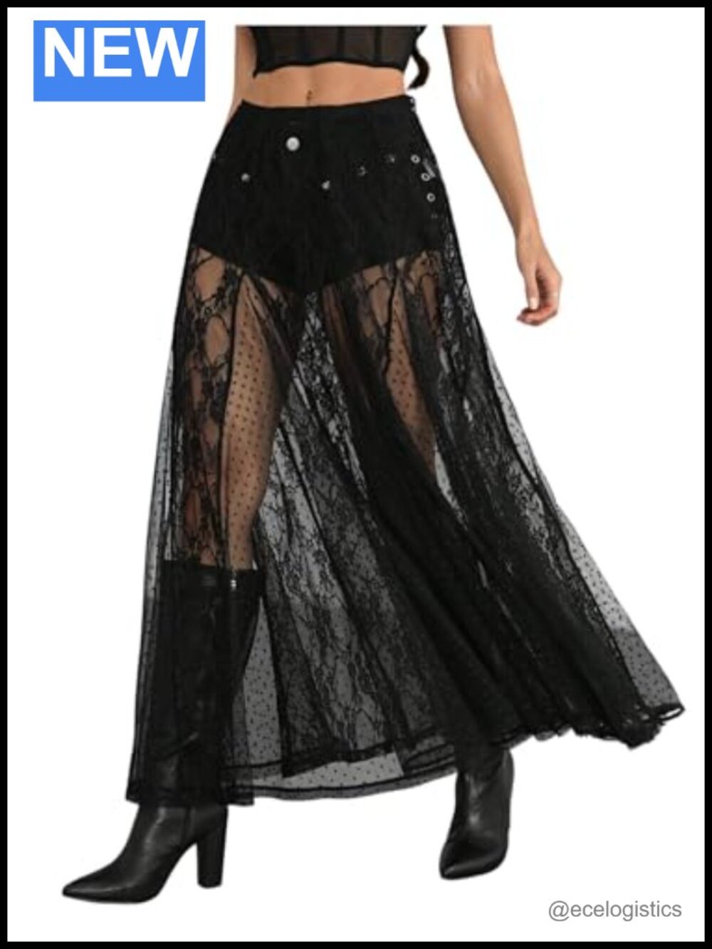 Women's Lace Maxi Skirt Sheer High Waist Ruffle Flowy Boho Concert Outfit